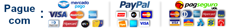 Meios de Pagamento: PayPal e PagSeguro.